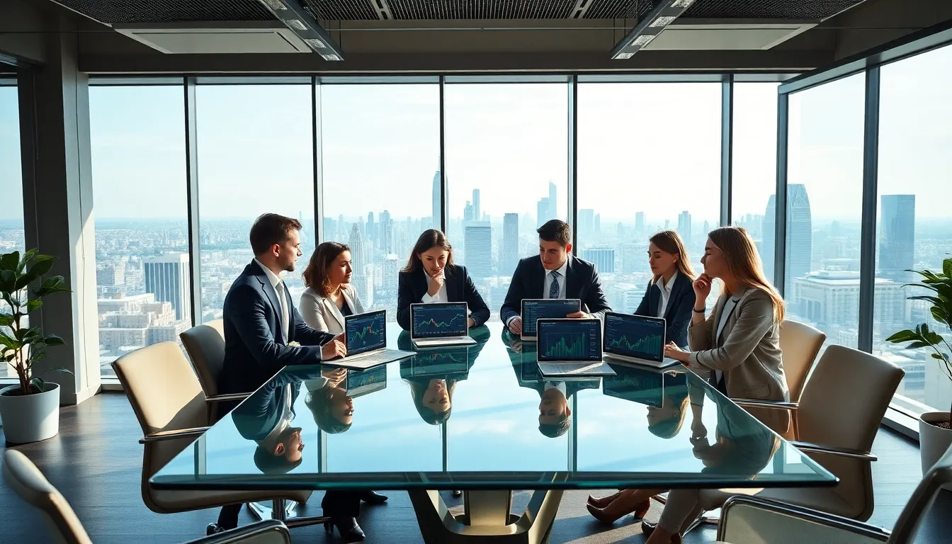 diverse professionals collaborating on international trade strategies in a modern office.